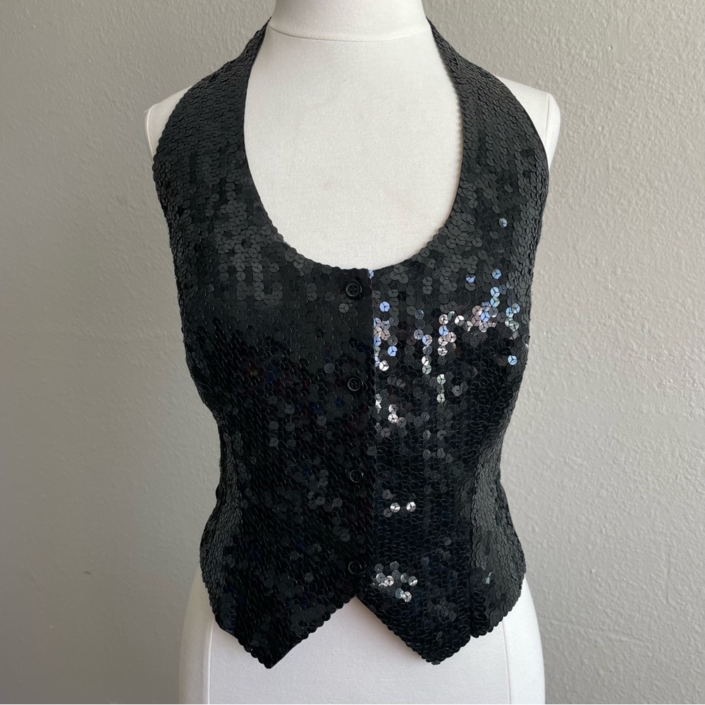 Vintage 1980s Victoria’s Secret Gold Label Black Sequin and Silk Halter Top Vest